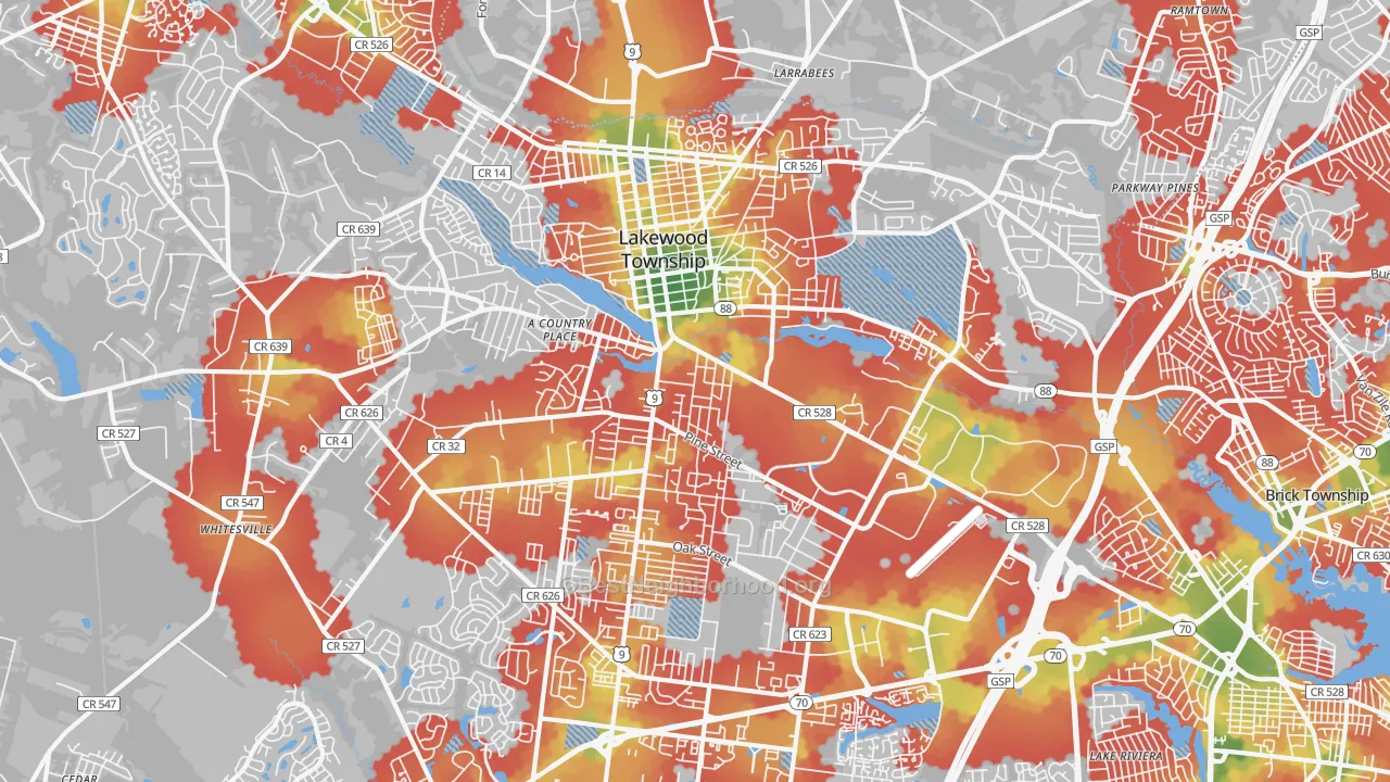Walk Grade map of 08701, NJ, walkable areas in green and car-dependent areas in red