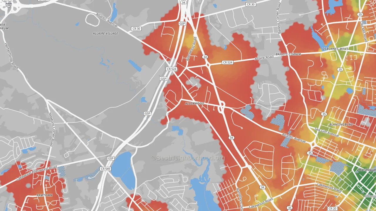 Walk Grade map of 08720, NJ, walkable areas in green and car-dependent areas in red
