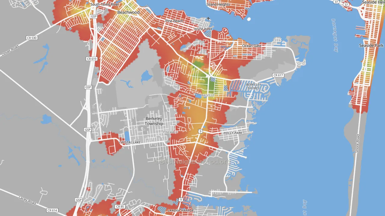 Walk Grade map of 08721, NJ, walkable areas in green and car-dependent areas in red