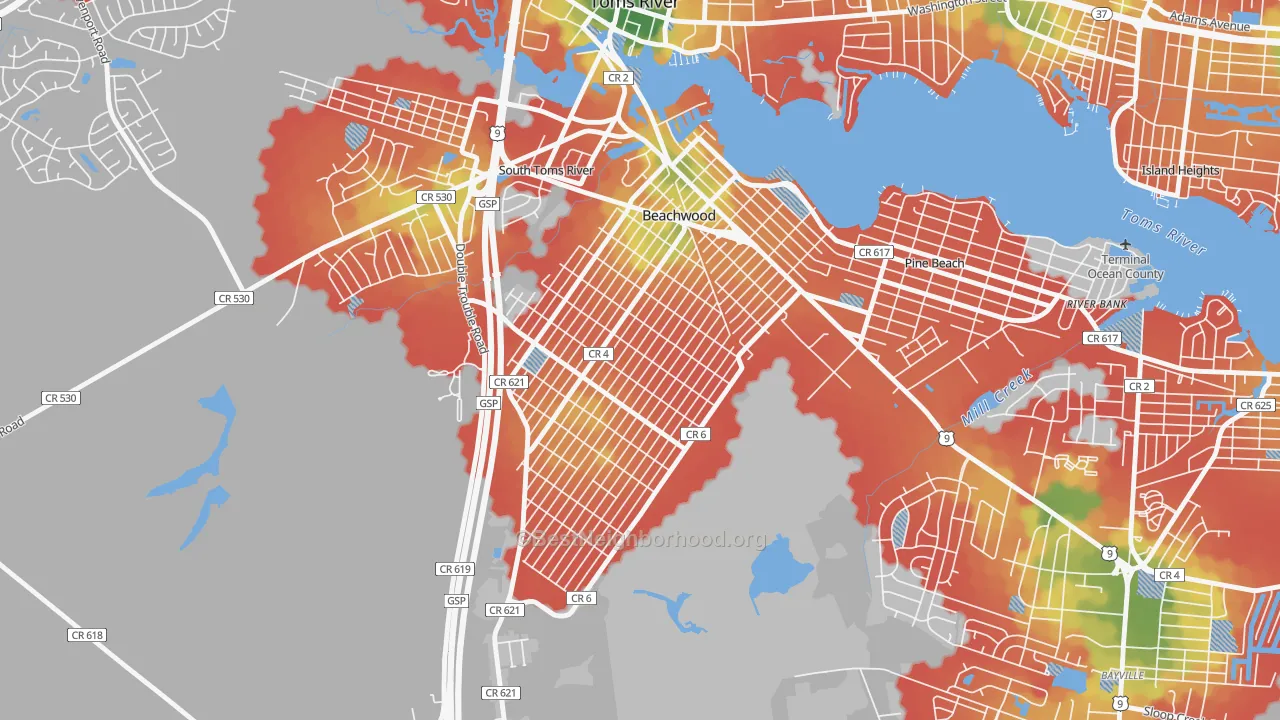 Walk Grade map of 08722, NJ, walkable areas in green and car-dependent areas in red