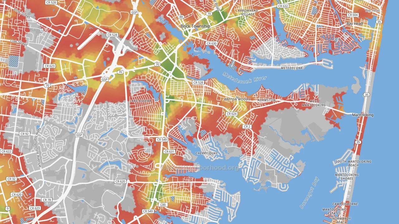 Walk Grade map of 08723, NJ, walkable areas in green and car-dependent areas in red