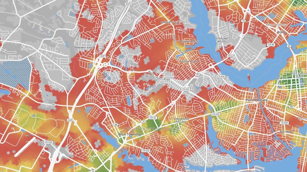 Walk Grade map of 08724, NJ, walkable areas in green and car-dependent areas in red