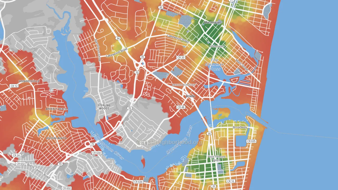 Walk Grade map of 08730, NJ, walkable areas in green and car-dependent areas in red