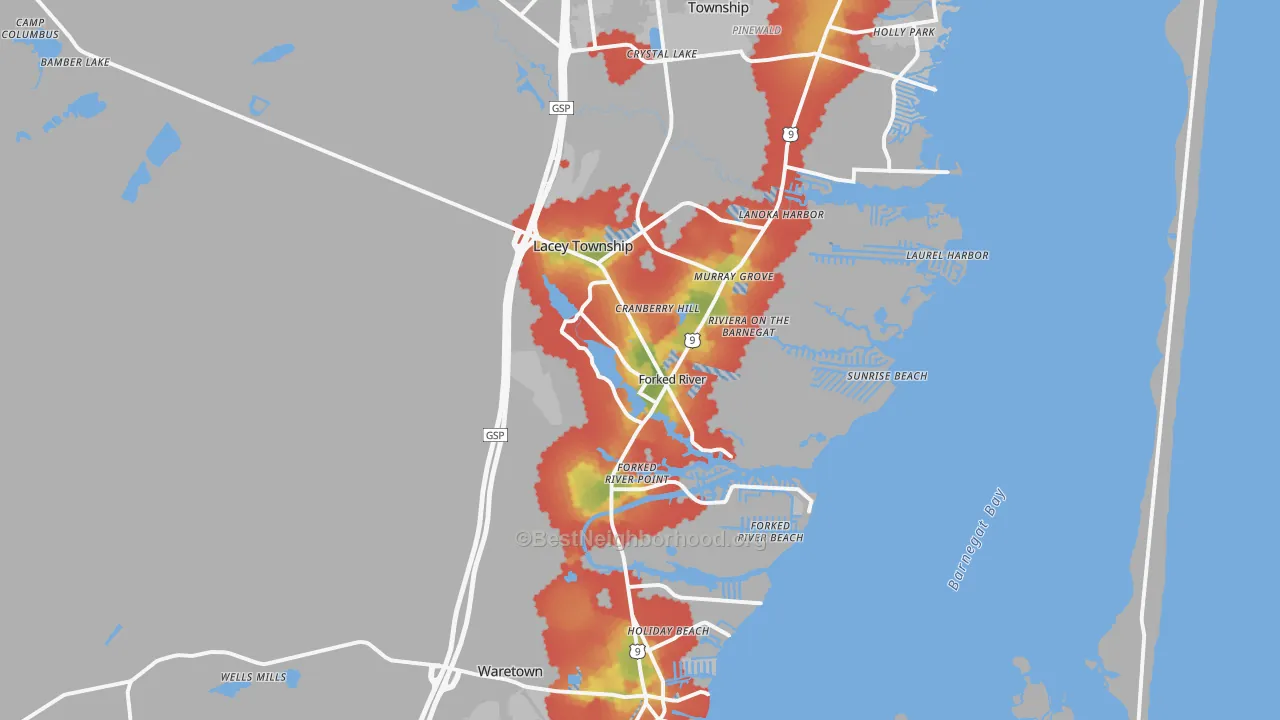 Walk Grade map of 08731, NJ, walkable areas in green and car-dependent areas in red