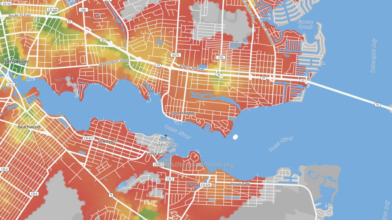 Walk Grade map of 08732, NJ, walkable areas in green and car-dependent areas in red