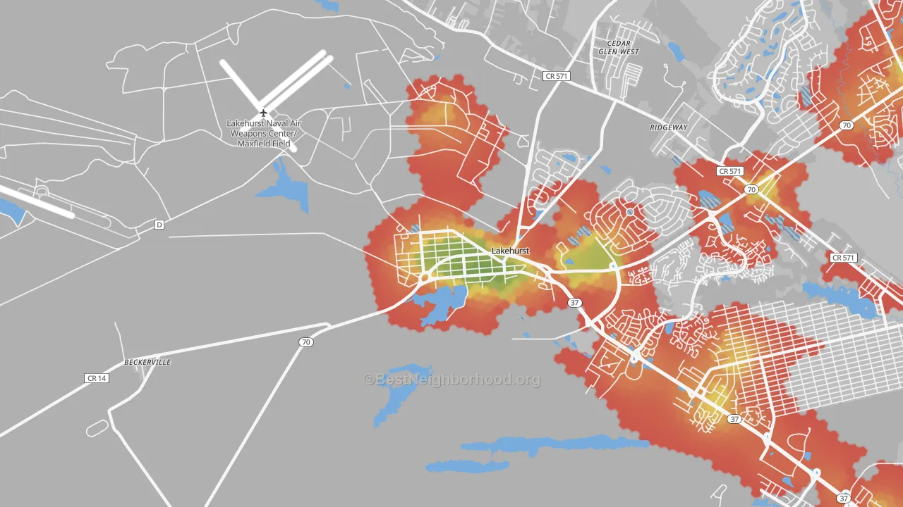 Walk Grade map of 08733, NJ, walkable areas in green and car-dependent areas in red