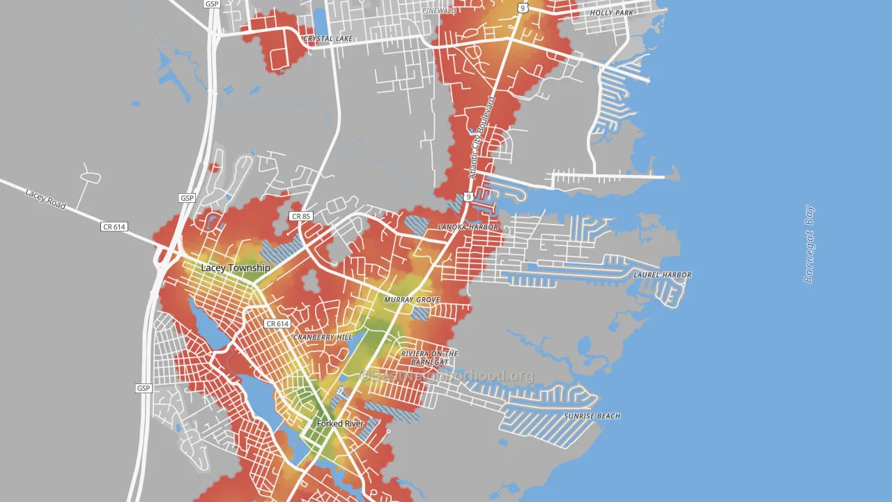 Walk Grade map of 08734, NJ, walkable areas in green and car-dependent areas in red