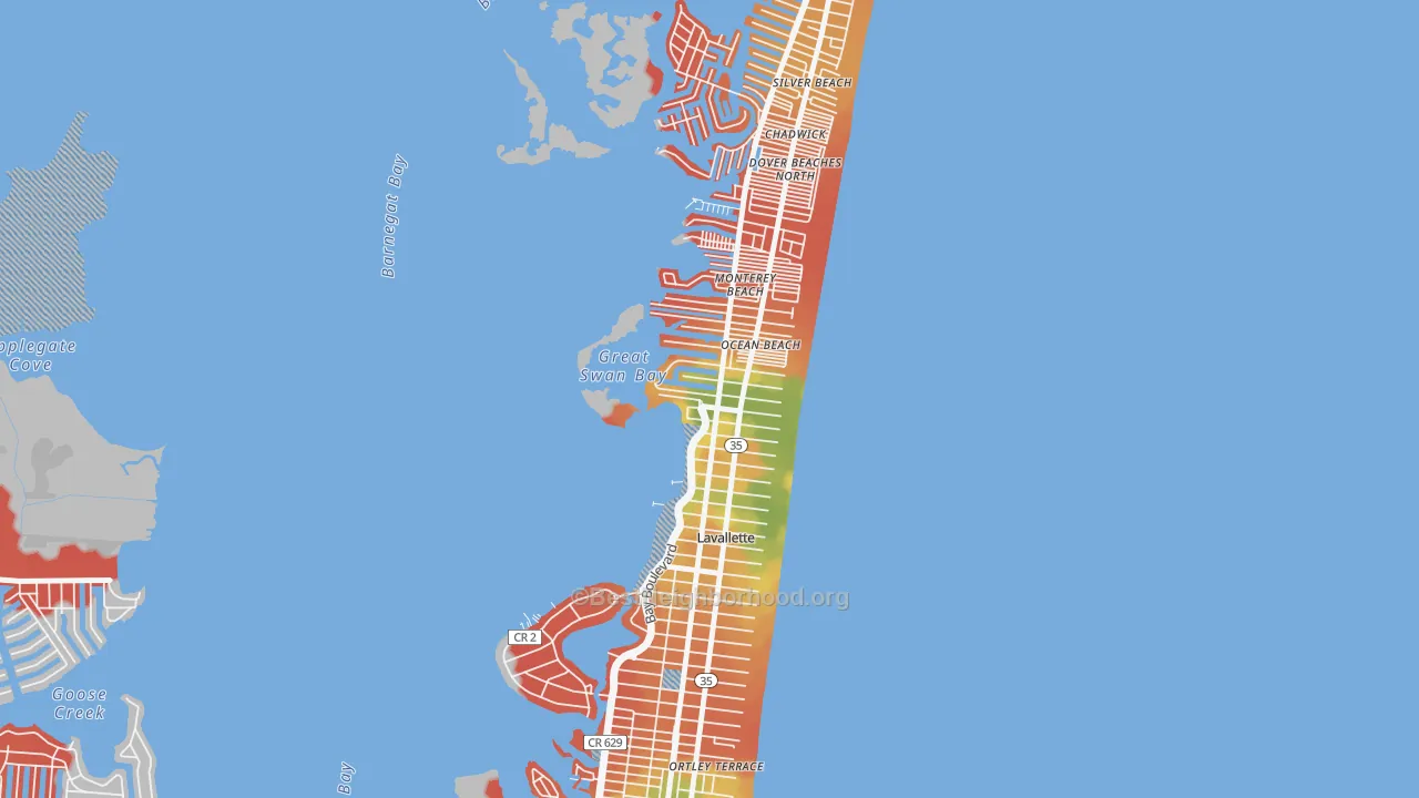 Walk Grade map of 08735, NJ, walkable areas in green and car-dependent areas in red