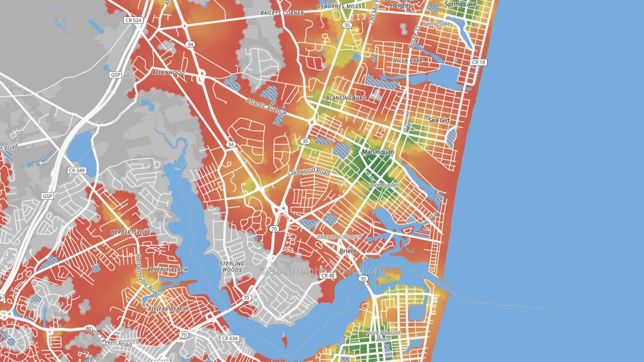 Walk Grade map of 08736, NJ, walkable areas in green and car-dependent areas in red