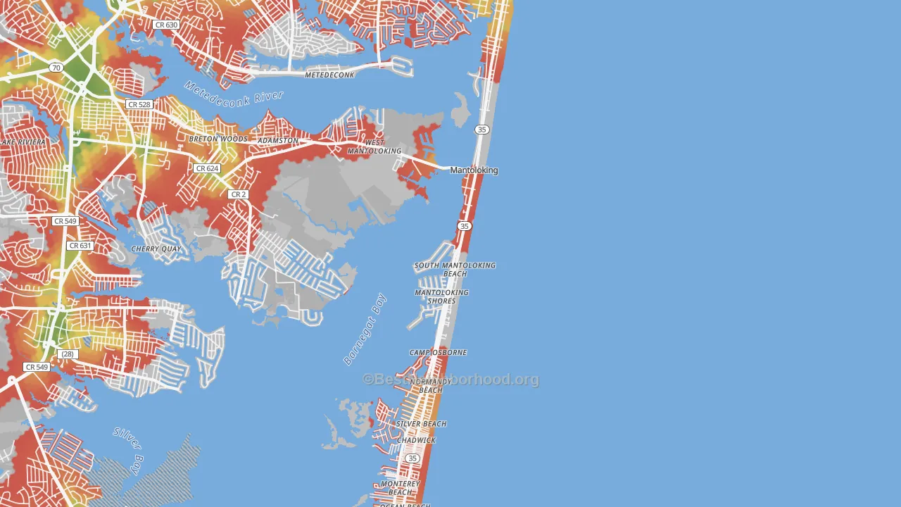 Walk Grade map of 08738, NJ, walkable areas in green and car-dependent areas in red