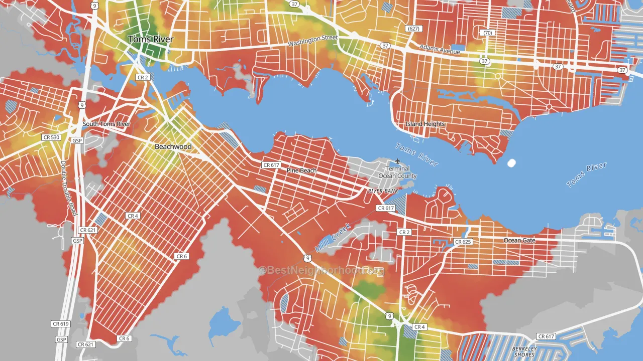 Walk Grade map of 08741, NJ, walkable areas in green and car-dependent areas in red