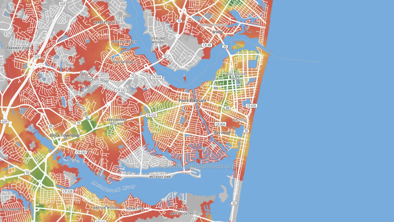 Walk Grade map of 08742, NJ, walkable areas in green and car-dependent areas in red