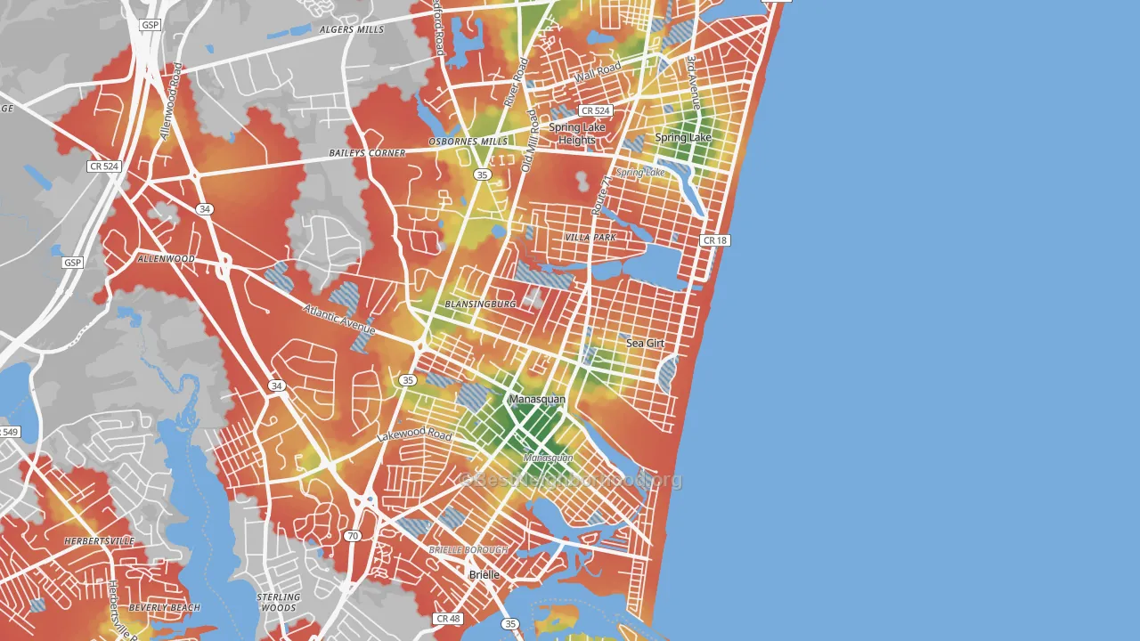 Walk Grade map of 08750, NJ, walkable areas in green and car-dependent areas in red