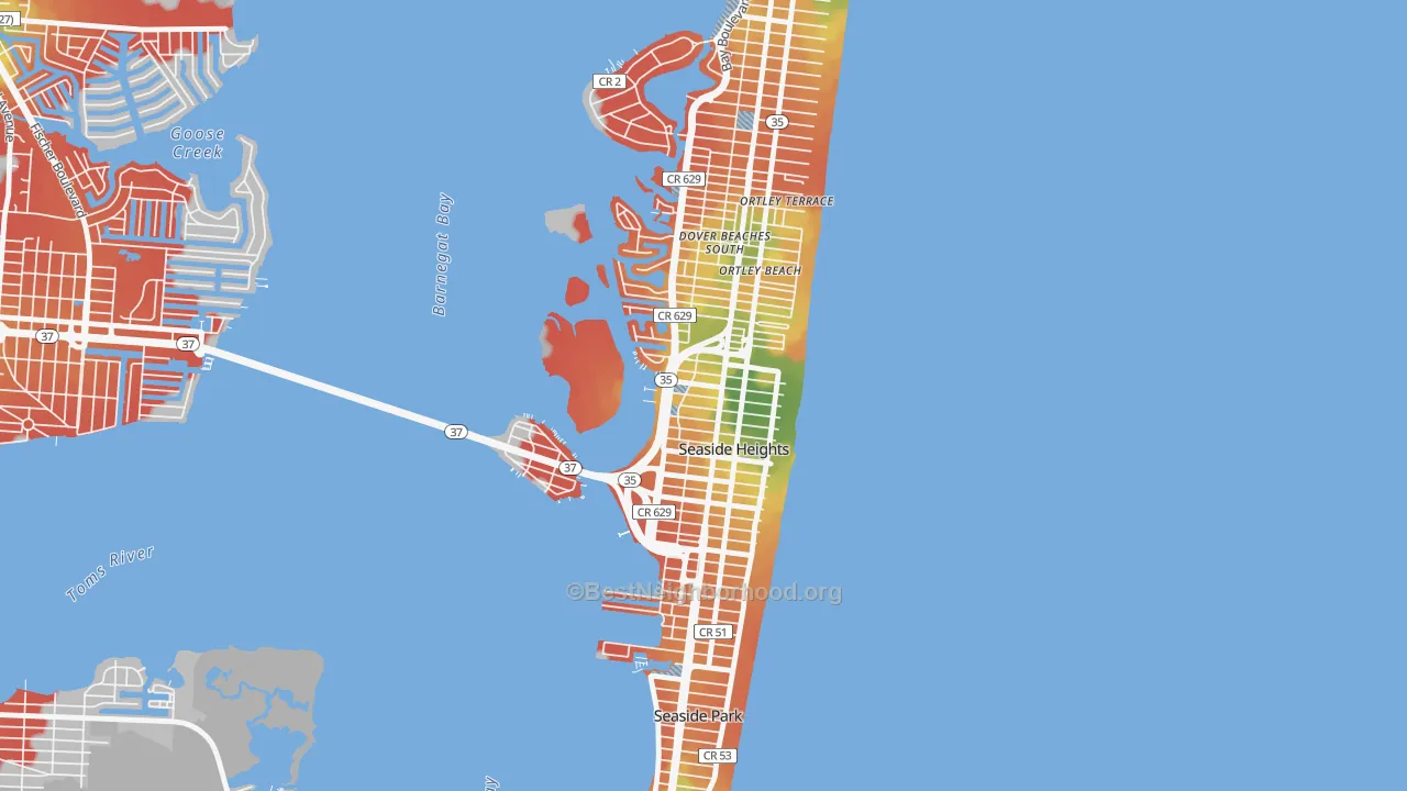 Walk Grade map of 08751, NJ, walkable areas in green and car-dependent areas in red