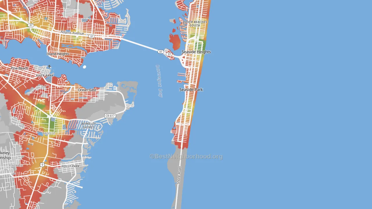 Walk Grade map of 08752, NJ, walkable areas in green and car-dependent areas in red
