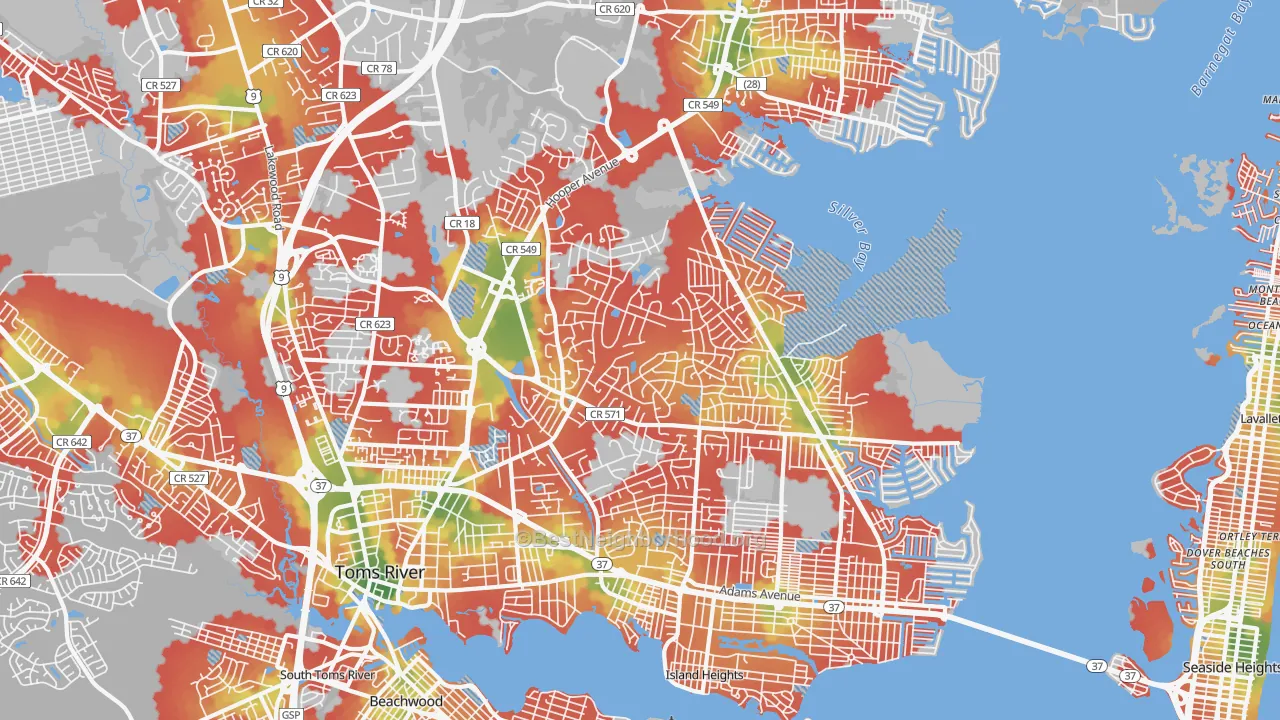 Walk Grade map of 08753, NJ, walkable areas in green and car-dependent areas in red