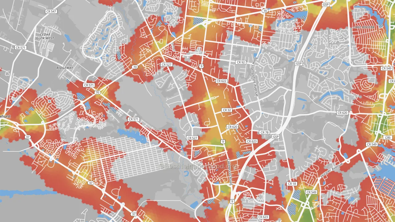 Walk Grade map of 08755, NJ, walkable areas in green and car-dependent areas in red