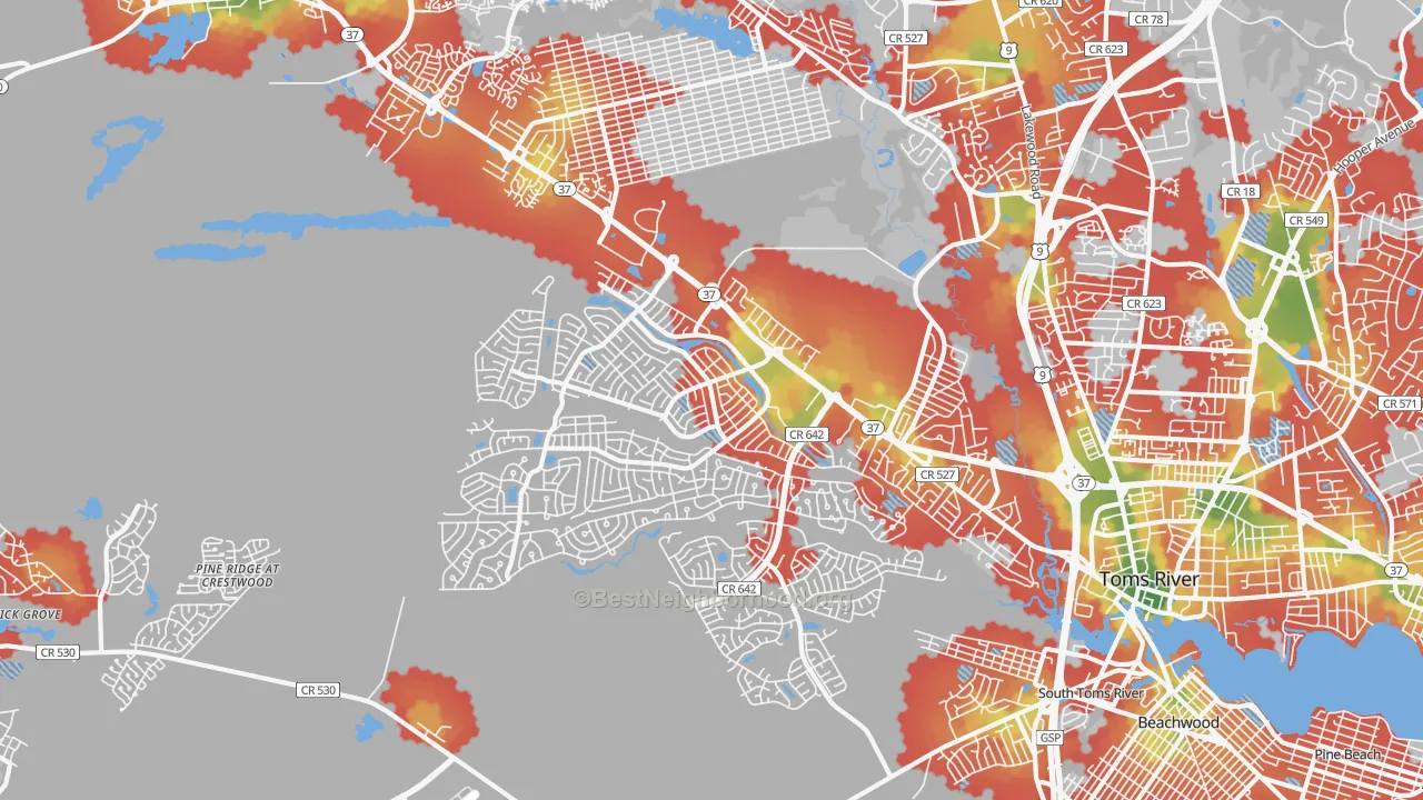 Walk Grade map of 08757, NJ, walkable areas in green and car-dependent areas in red