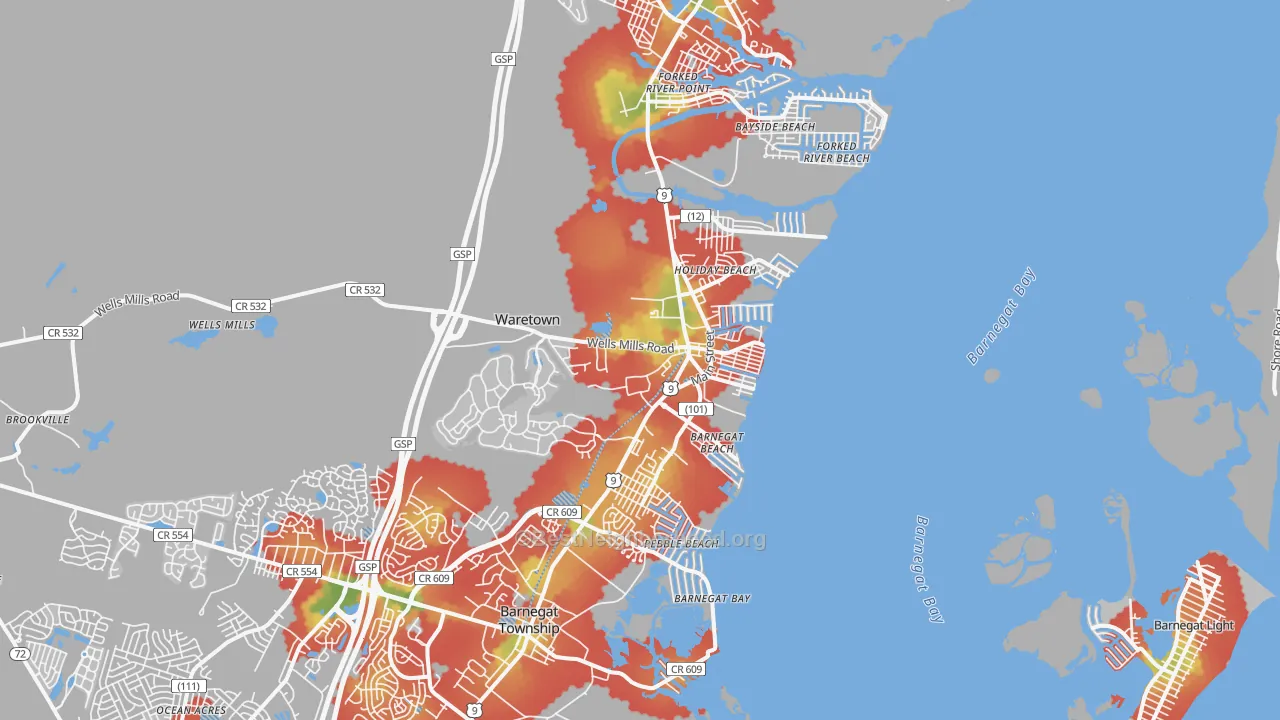 Walk Grade map of 08758, NJ, walkable areas in green and car-dependent areas in red