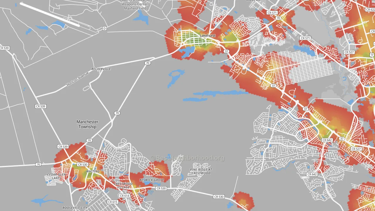 Walk Grade map of 08759, NJ, walkable areas in green and car-dependent areas in red