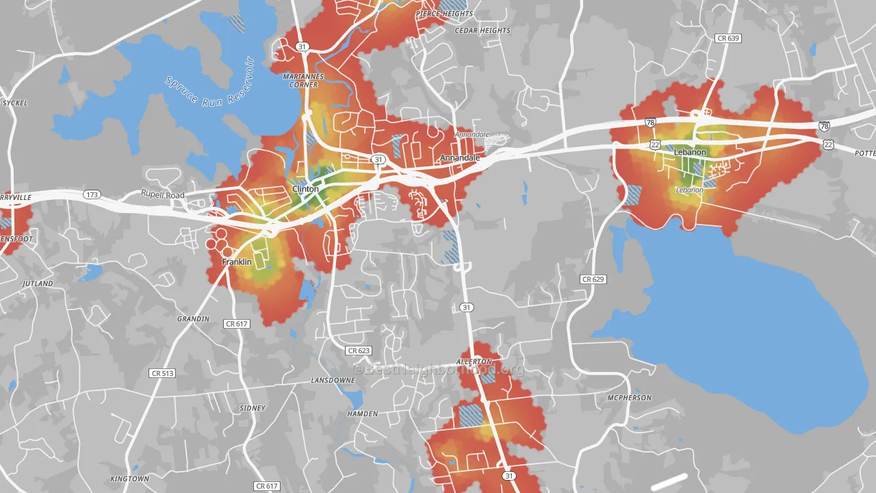 Walk Grade map of 08801, NJ, walkable areas in green and car-dependent areas in red