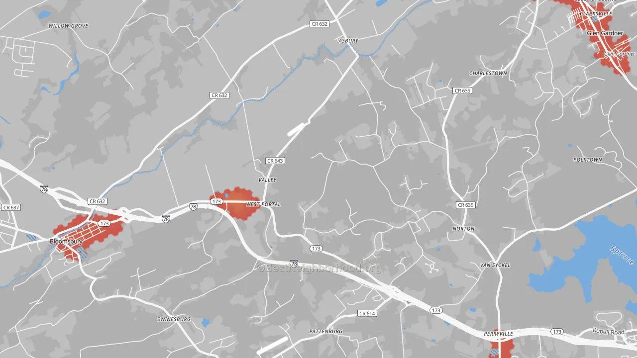Walk Grade map of 08802, NJ, walkable areas in green and car-dependent areas in red
