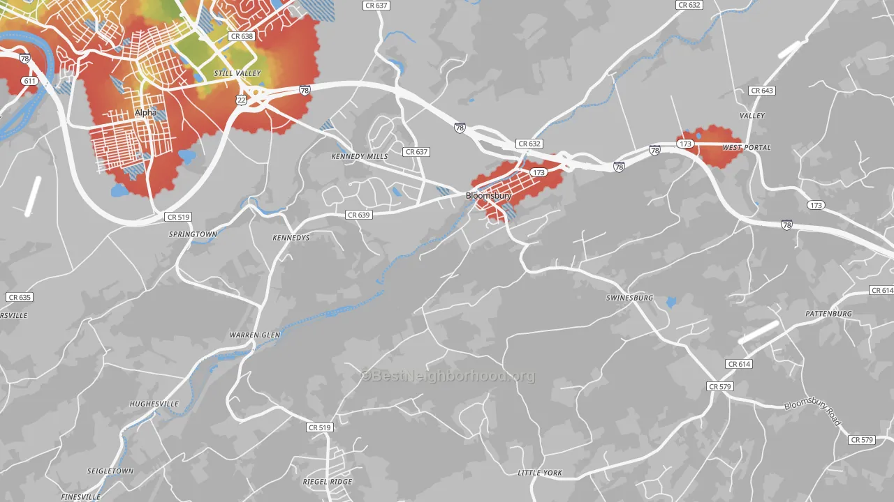 Walk Grade map of 08804, NJ, walkable areas in green and car-dependent areas in red