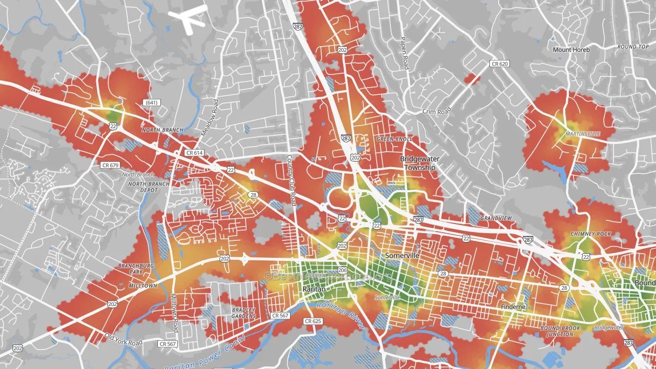 Walk Grade map of 08807, NJ, walkable areas in green and car-dependent areas in red