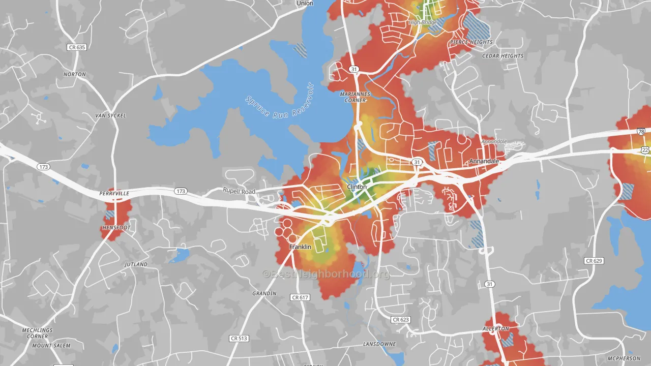 Walk Grade map of 08809, NJ, walkable areas in green and car-dependent areas in red