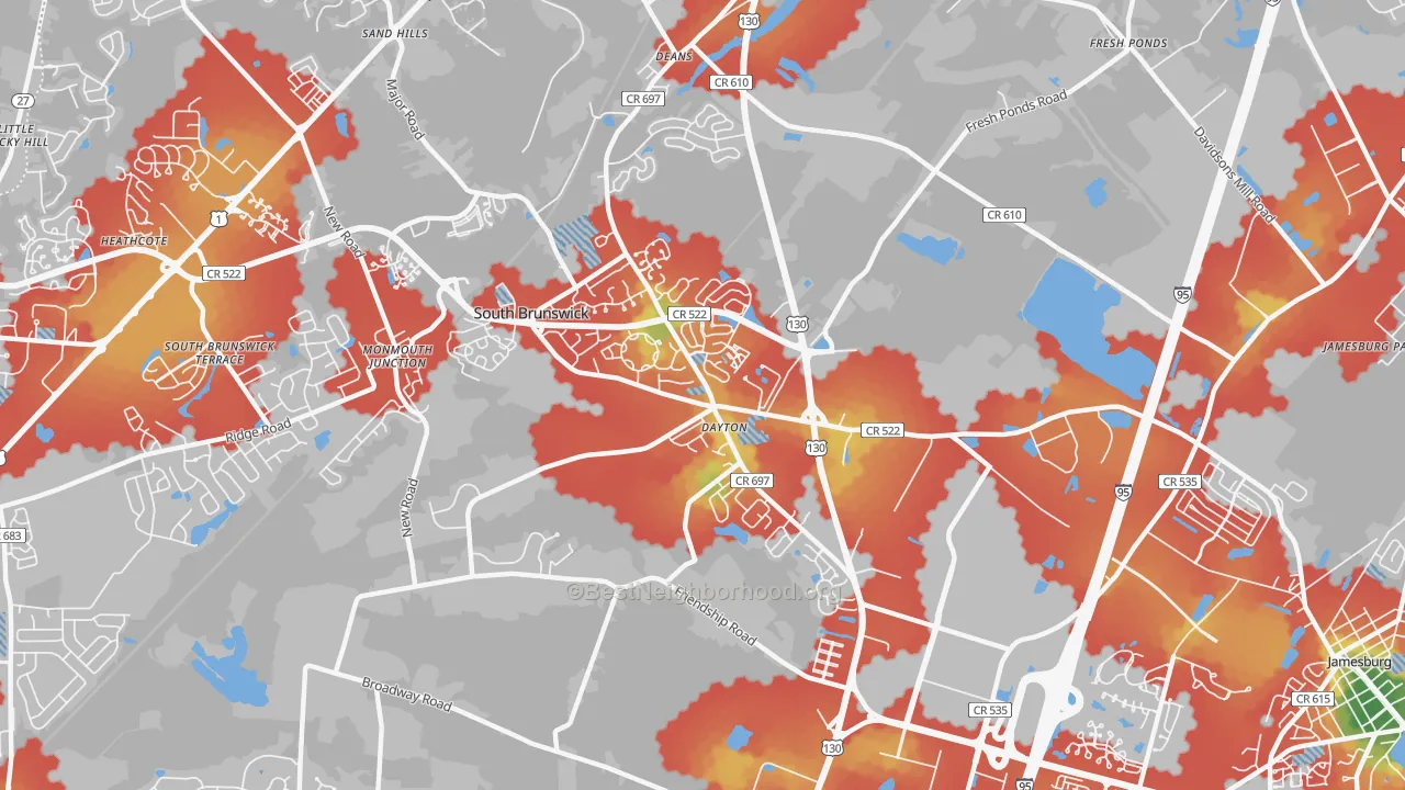Walk Grade map of 08810, NJ, walkable areas in green and car-dependent areas in red