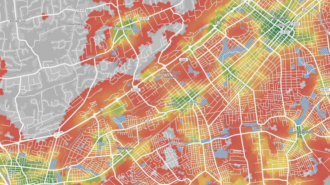 Walk Grade map of 08812, NJ, walkable areas in green and car-dependent areas in red