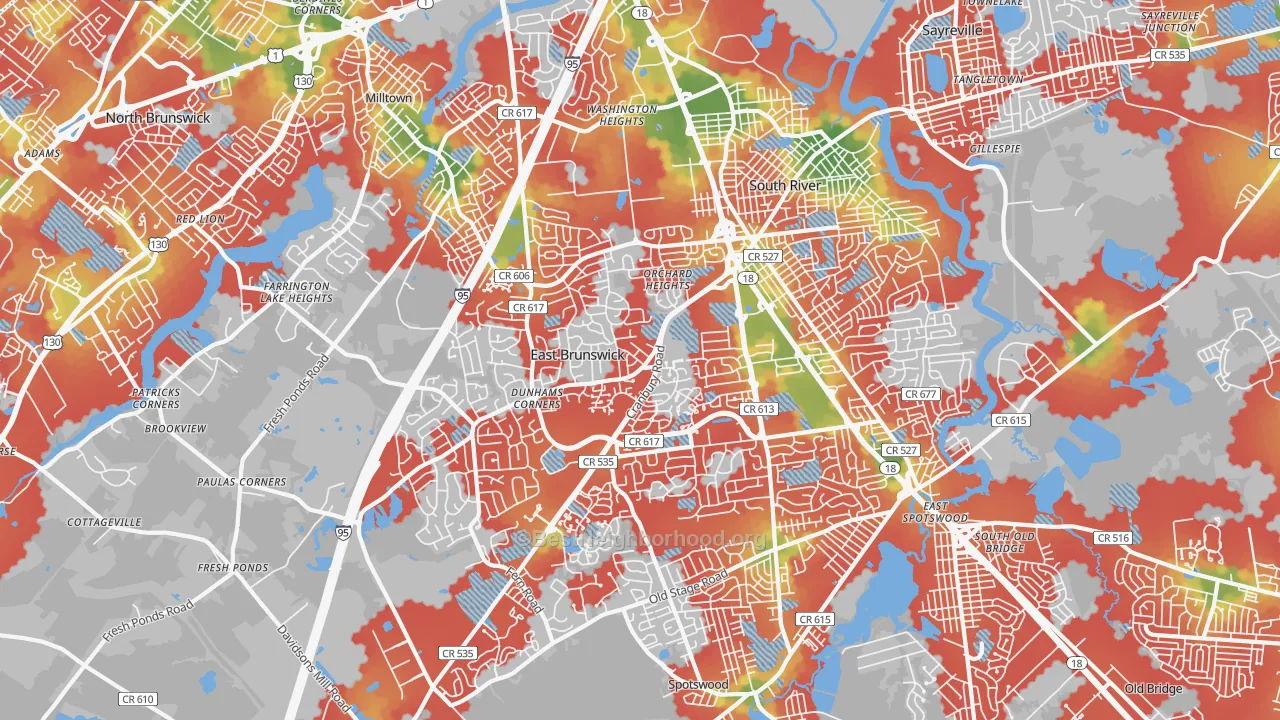 Walk Grade map of 08816, NJ, walkable areas in green and car-dependent areas in red