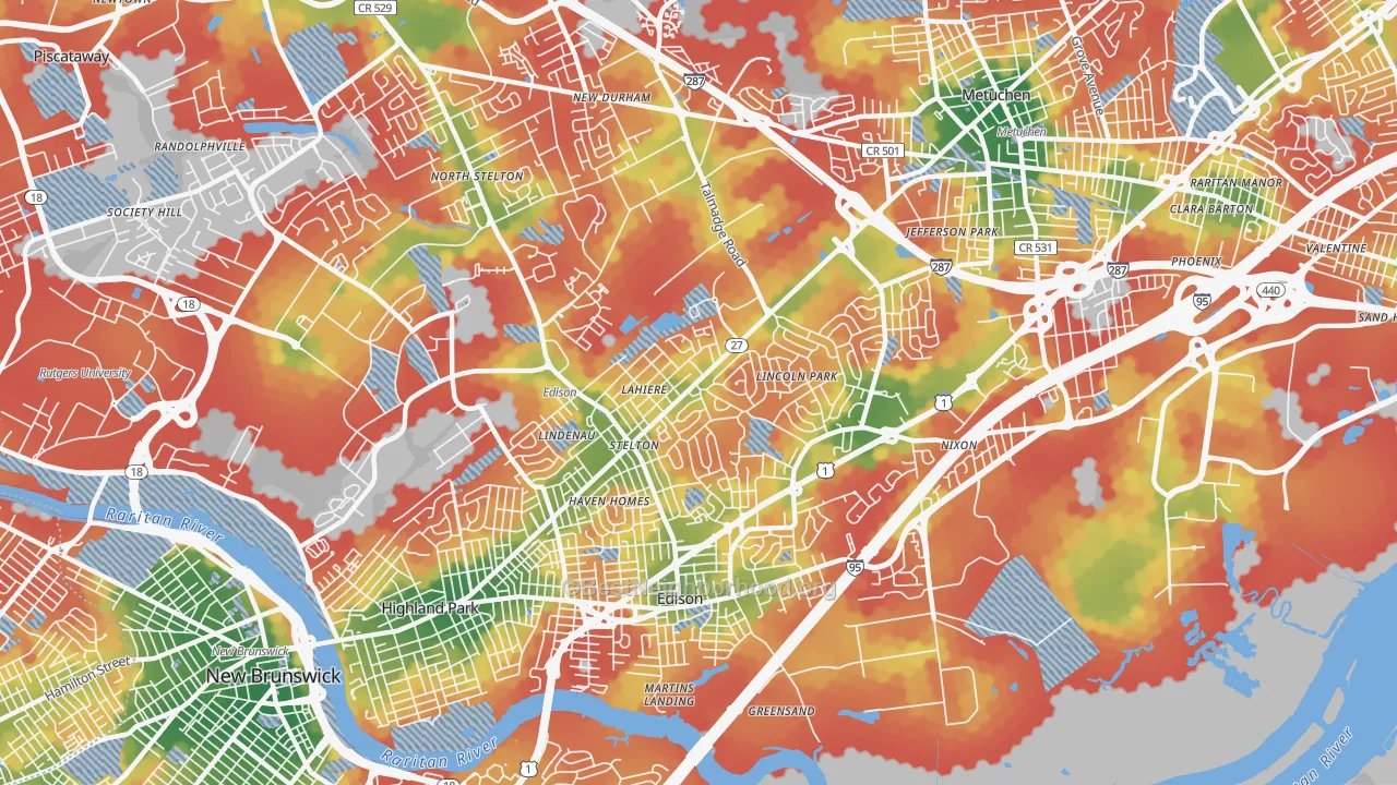 Walk Grade map of 08817, NJ, walkable areas in green and car-dependent areas in red