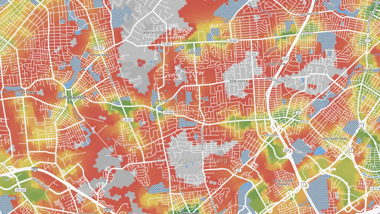 Walk Grade map of 08820, NJ, walkable areas in green and car-dependent areas in red
