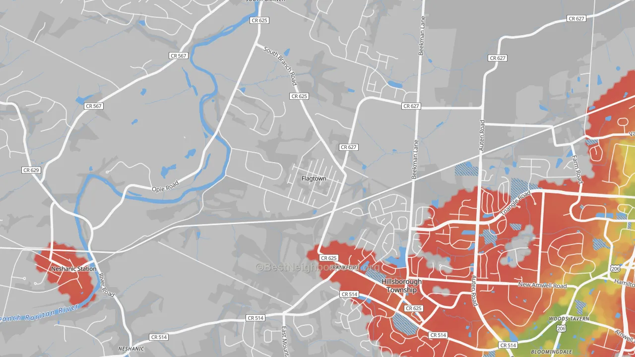 Walk Grade map of 08821, NJ, walkable areas in green and car-dependent areas in red