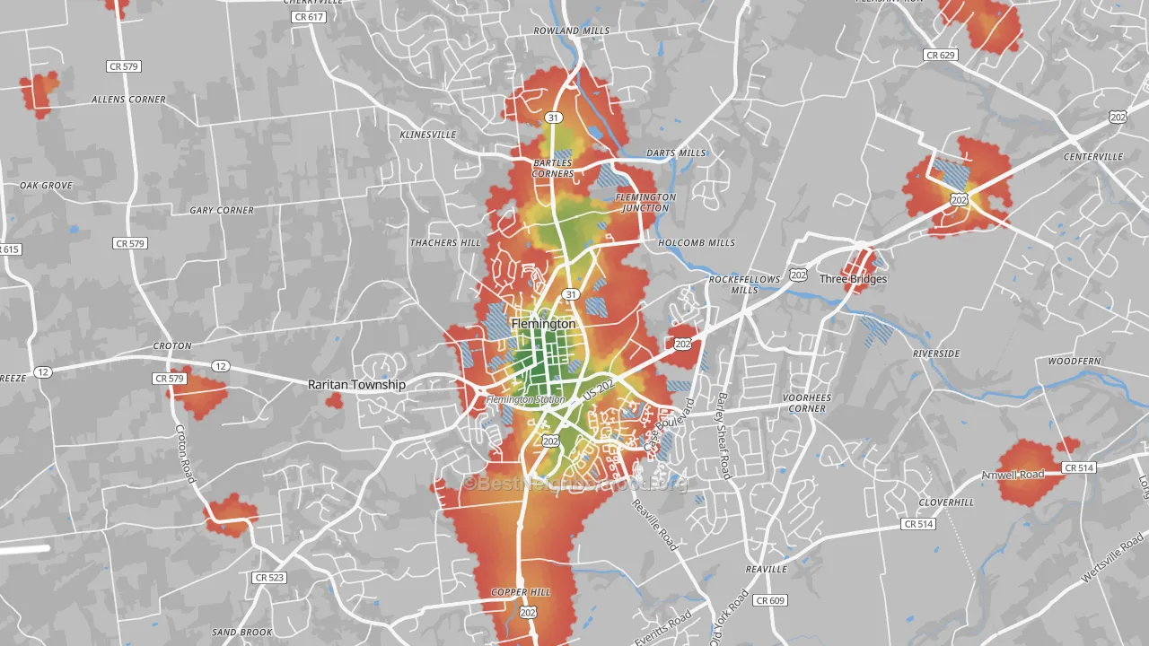 Walk Grade map of 08822, NJ, walkable areas in green and car-dependent areas in red