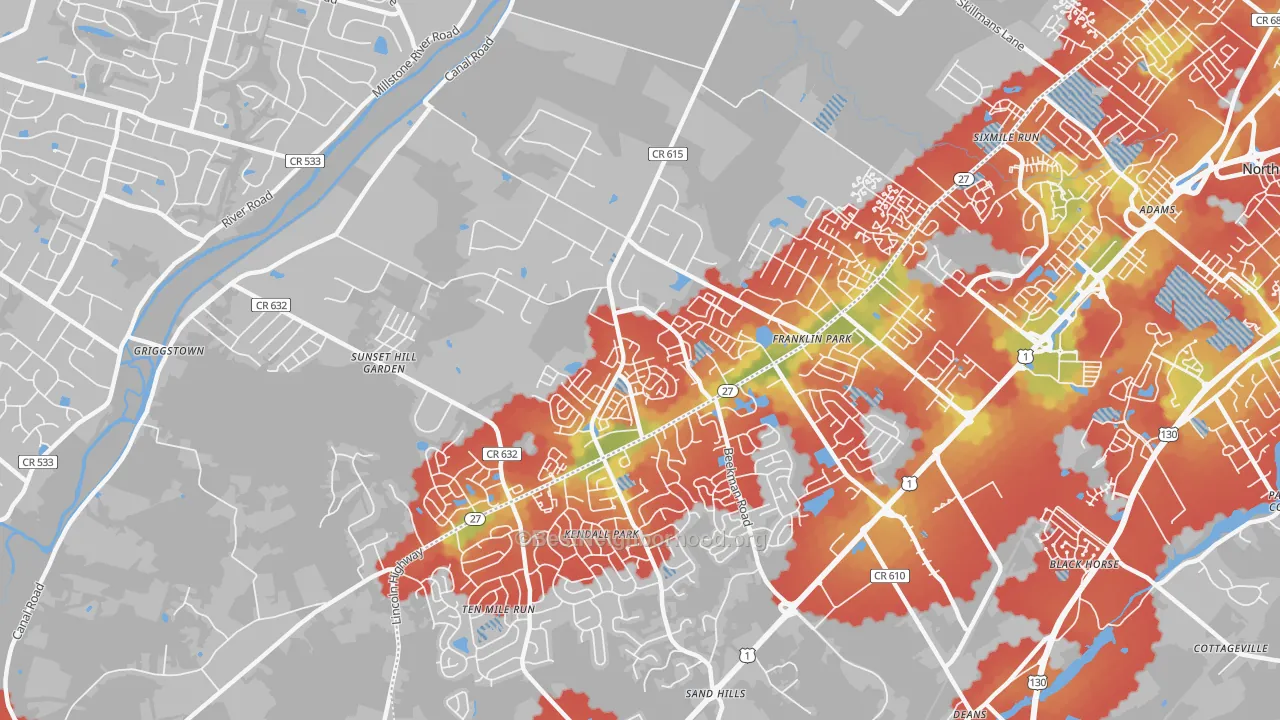 Walk Grade map of 08823, NJ, walkable areas in green and car-dependent areas in red
