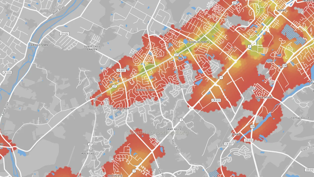 Walk Grade map of 08824, NJ, walkable areas in green and car-dependent areas in red