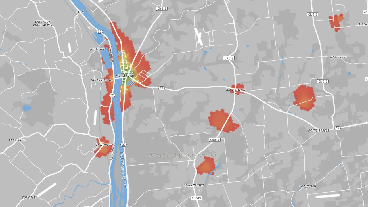 Walk Grade map of 08825, NJ, walkable areas in green and car-dependent areas in red