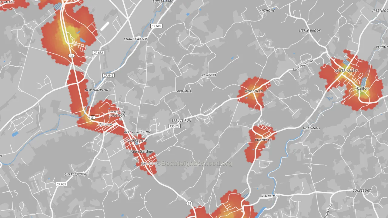 Walk Grade map of 08826, NJ, walkable areas in green and car-dependent areas in red