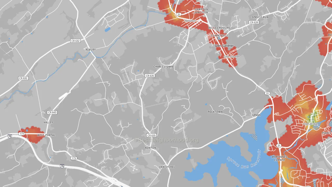 Walk Grade map of 08827, NJ, walkable areas in green and car-dependent areas in red