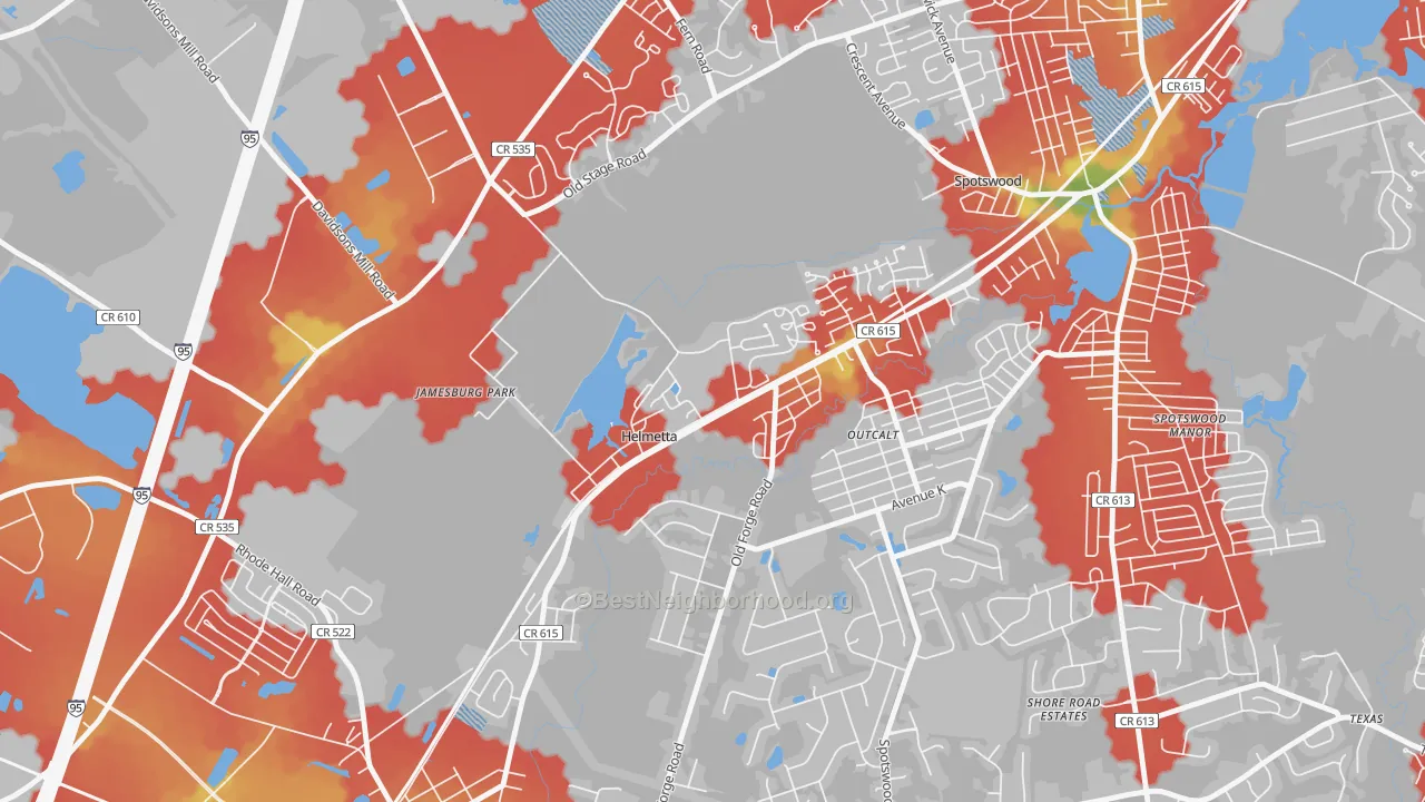 Walk Grade map of 08828, NJ, walkable areas in green and car-dependent areas in red