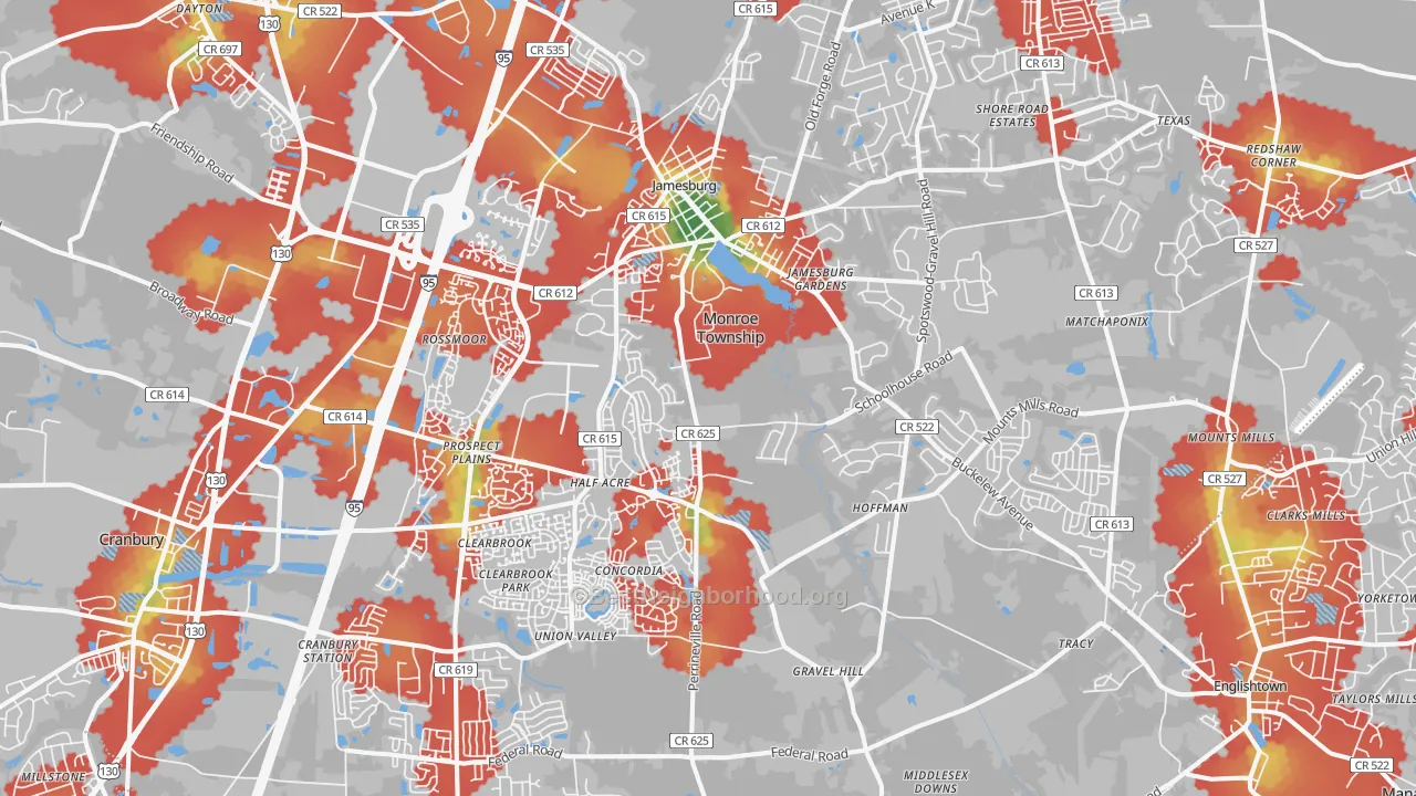 Walk Grade map of 08831, NJ, walkable areas in green and car-dependent areas in red