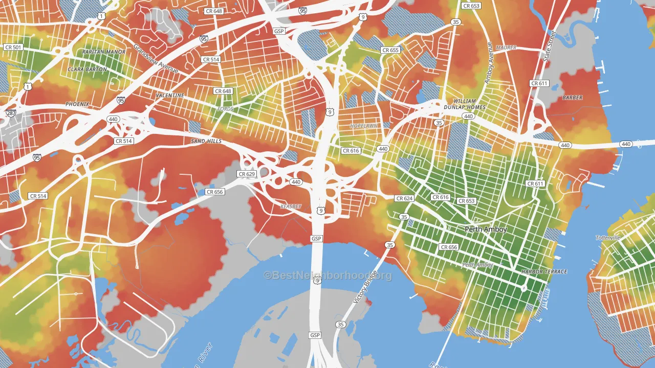 Walk Grade map of 08832, NJ, walkable areas in green and car-dependent areas in red