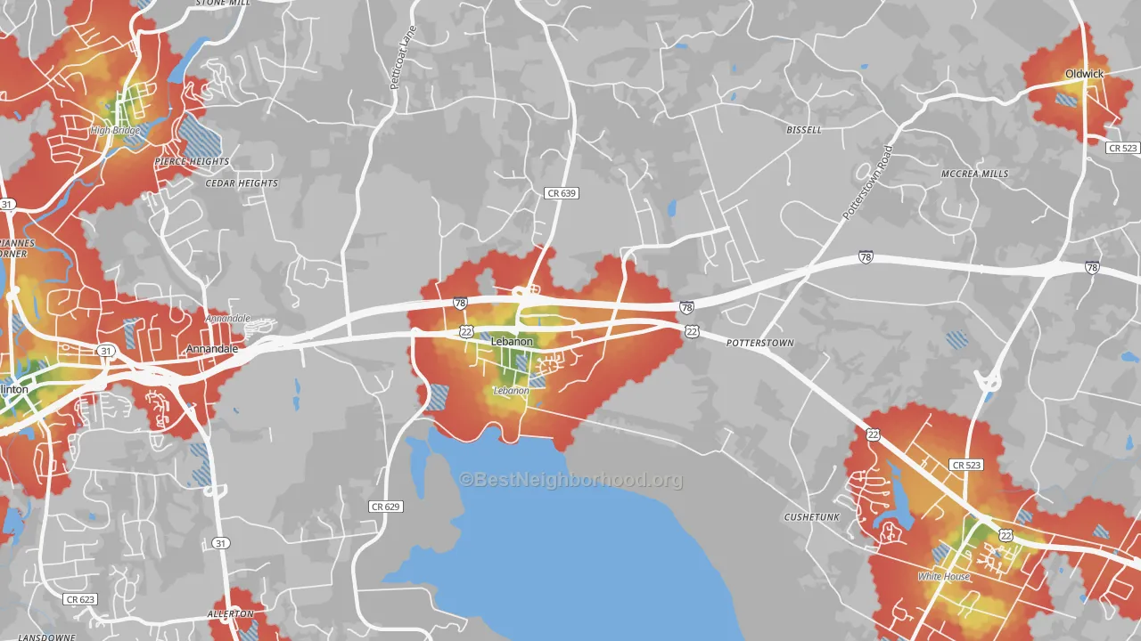 Walk Grade map of 08833, NJ, walkable areas in green and car-dependent areas in red