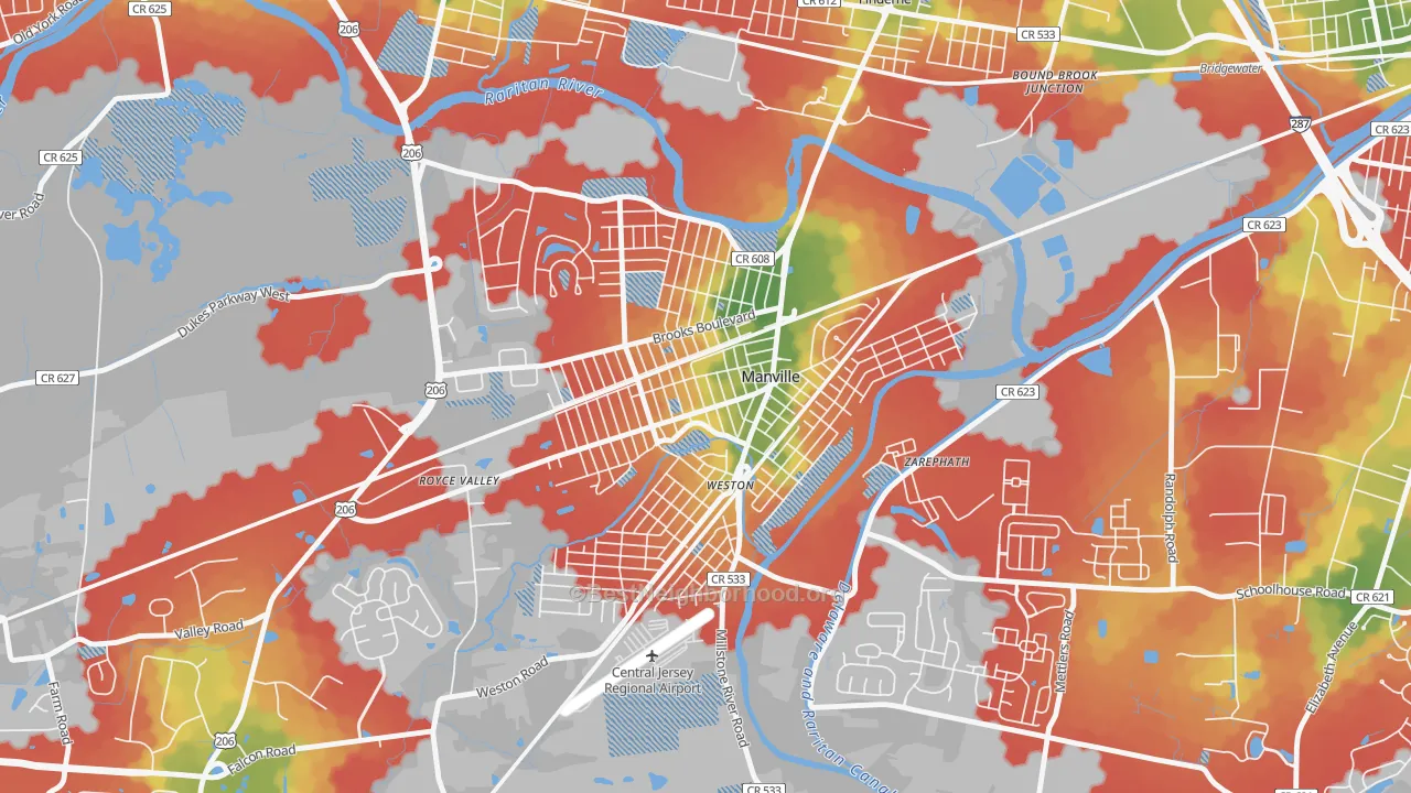 Walk Grade map of 08835, NJ, walkable areas in green and car-dependent areas in red