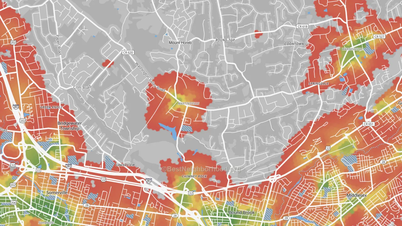 Walk Grade map of 08836, NJ, walkable areas in green and car-dependent areas in red