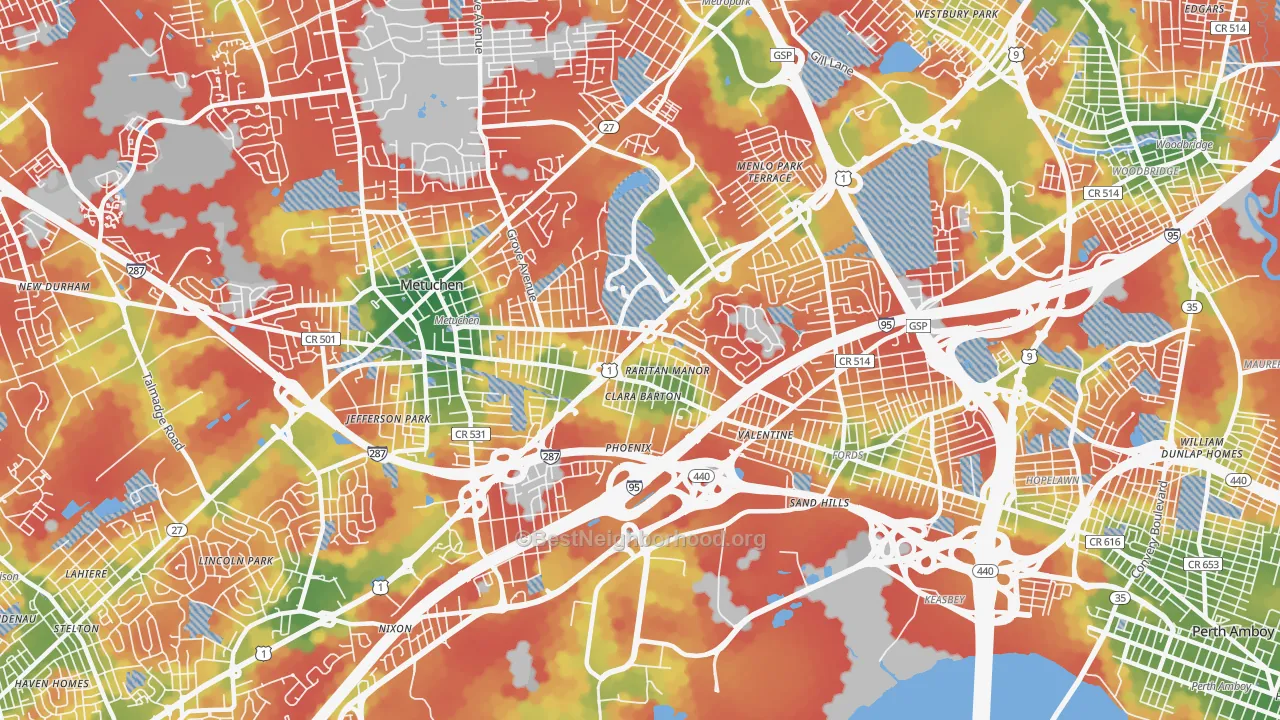 Walk Grade map of 08837, NJ, walkable areas in green and car-dependent areas in red