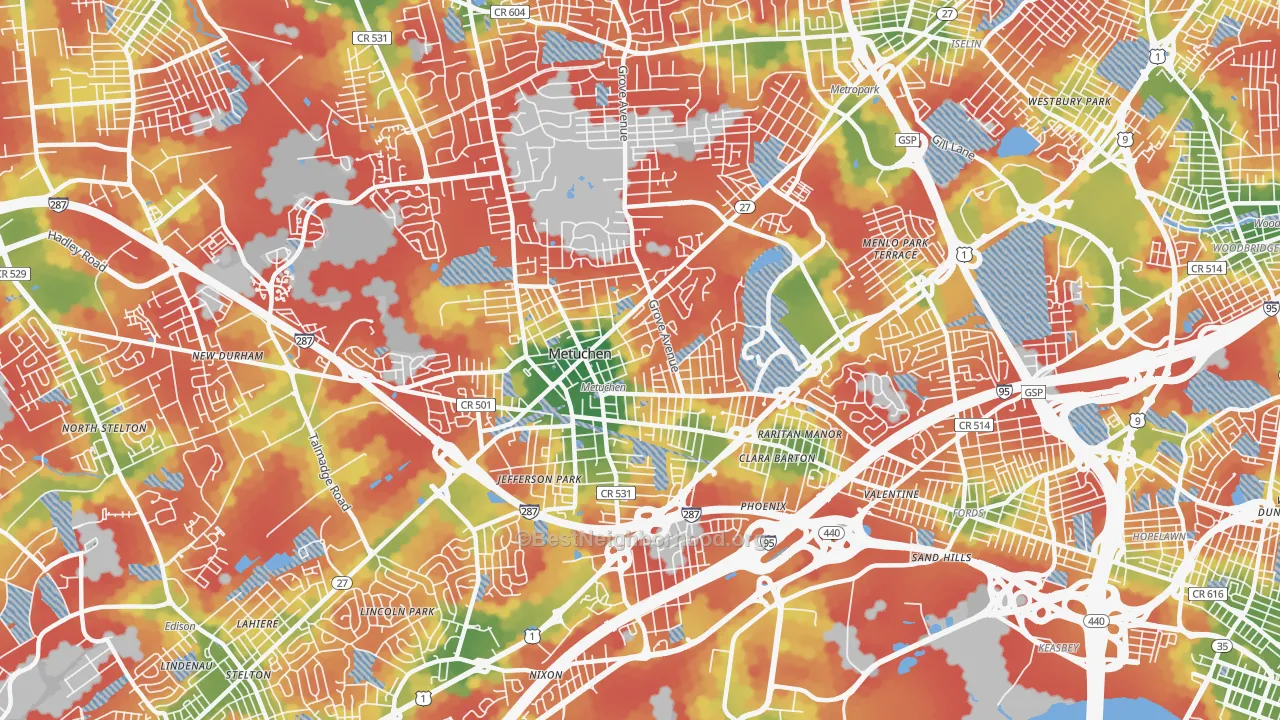 Walk Grade map of 08840, NJ, walkable areas in green and car-dependent areas in red