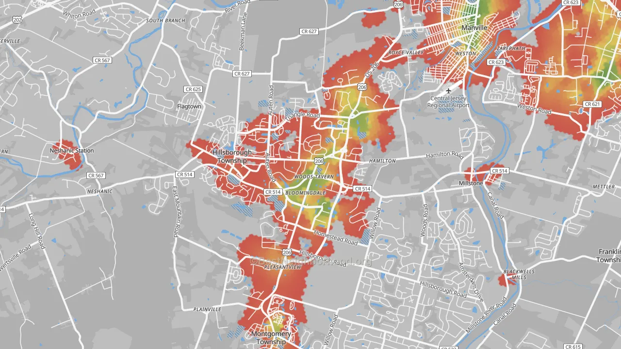 Walk Grade map of 08844, NJ, walkable areas in green and car-dependent areas in red